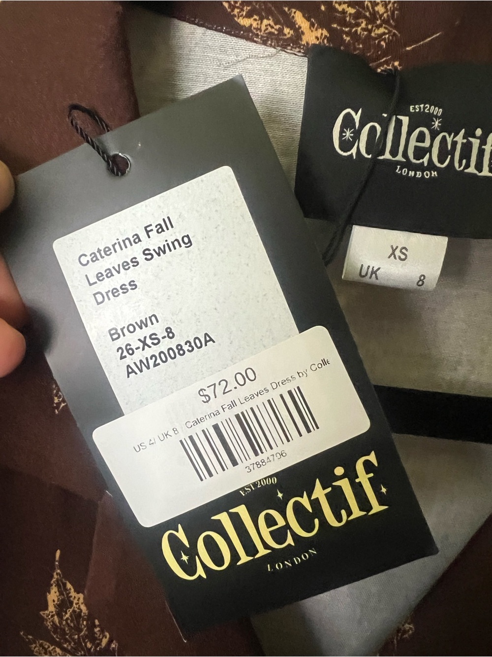 Collectif Brown Midi Dress with Gold Leaf Print - Picture 3 of 3